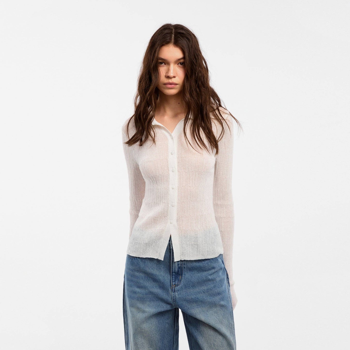Linen Collared Long-Sleeved Knit Sweater