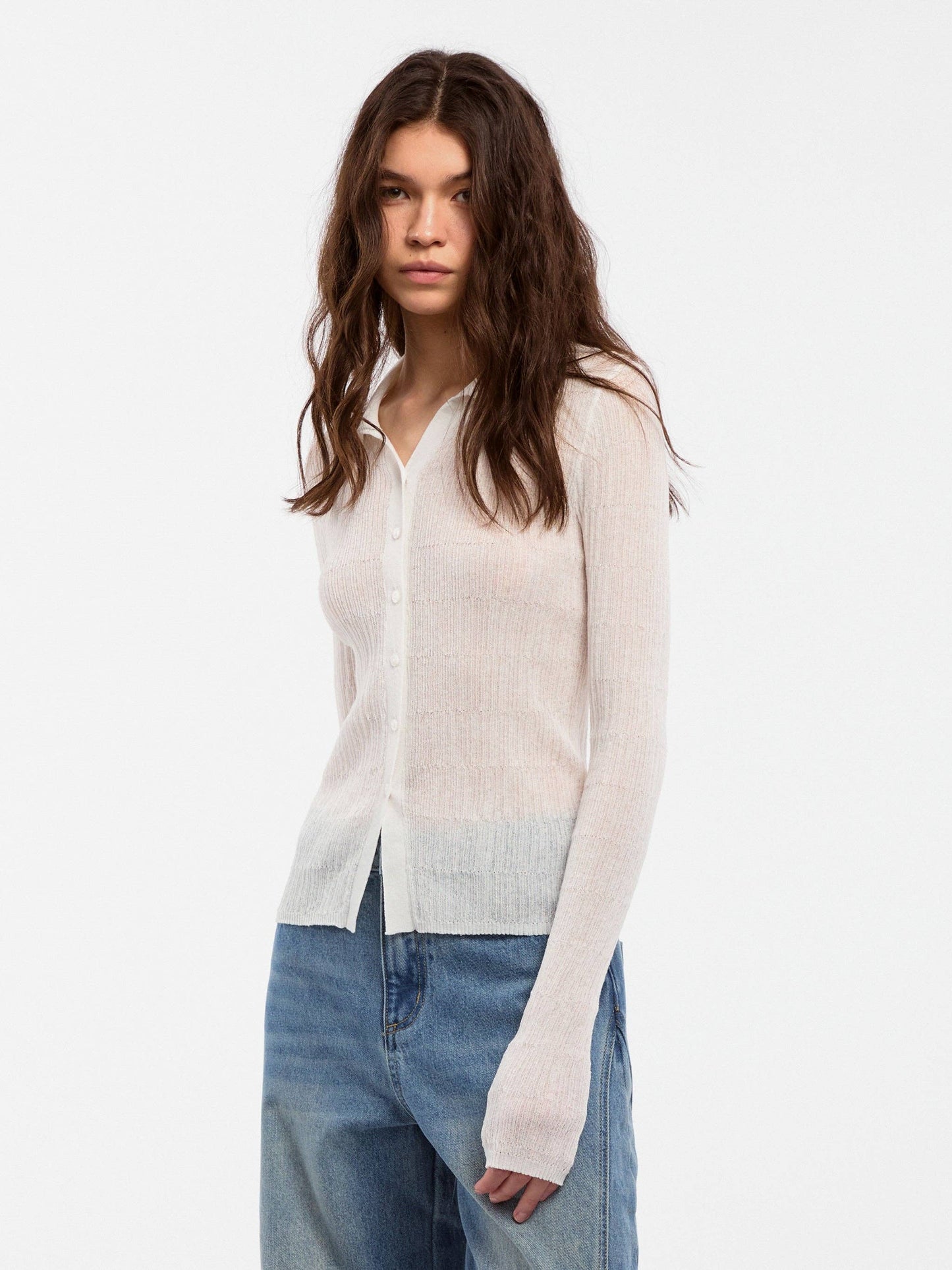 Linen Collared Long-Sleeved Knit Sweater