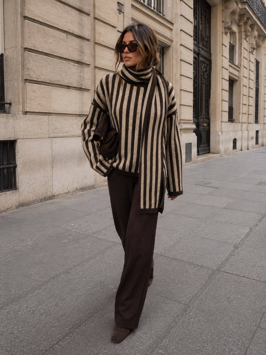 Two-tone striped knit sweater with scarf