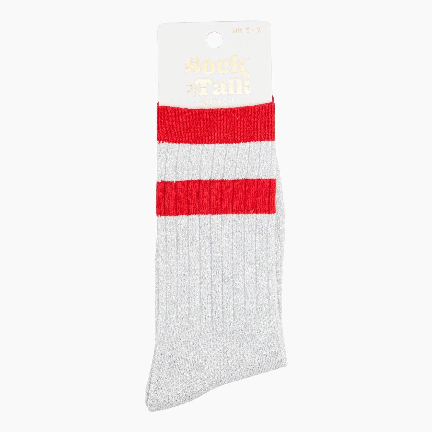 Women's Glitter Socks - White/Red, Striped Cuff