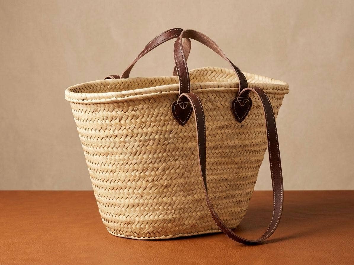 Moroccan Straw Tote with Long Leather Straps