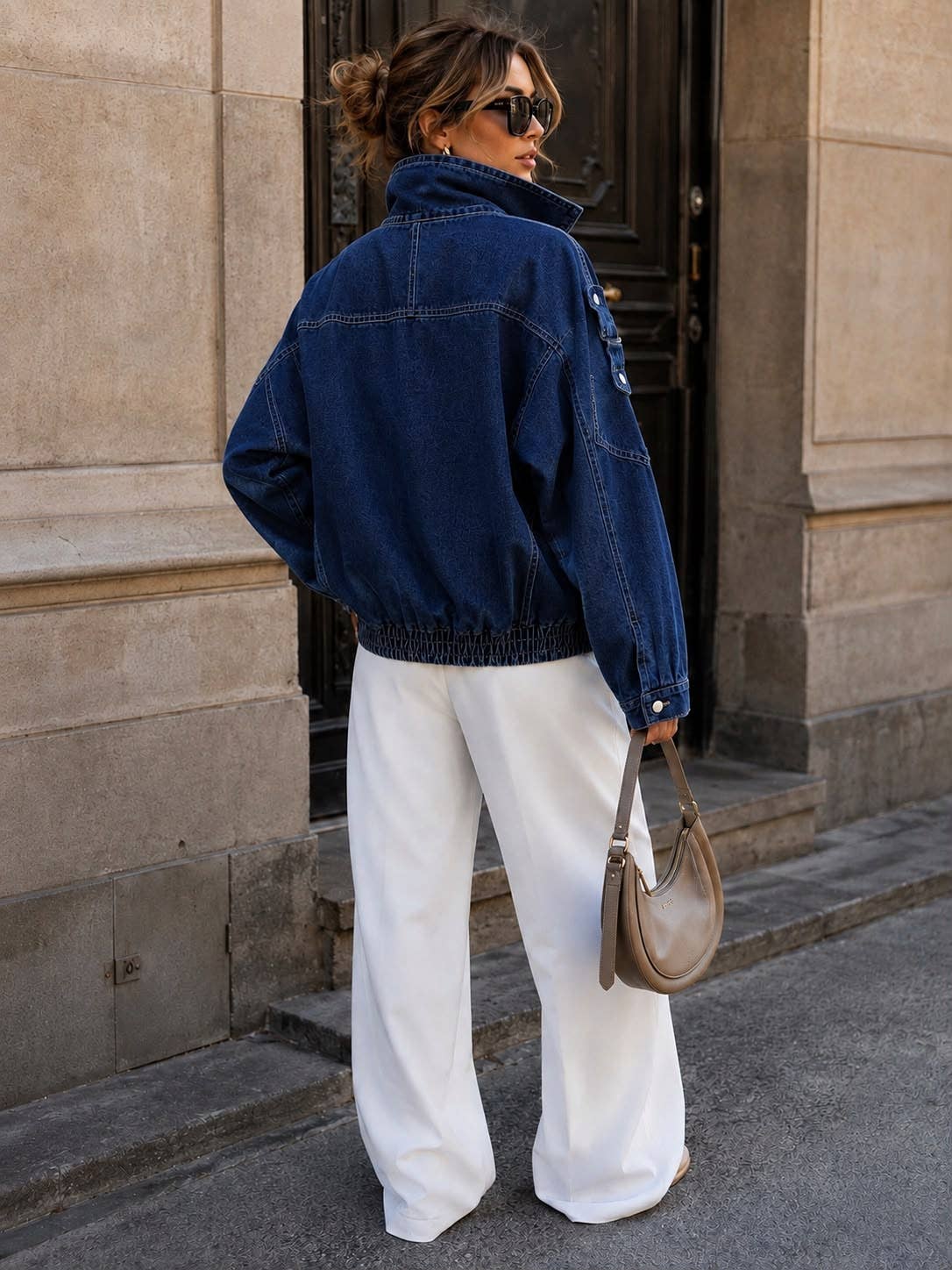 Oversized Short Denim Jacket with Stand Collar