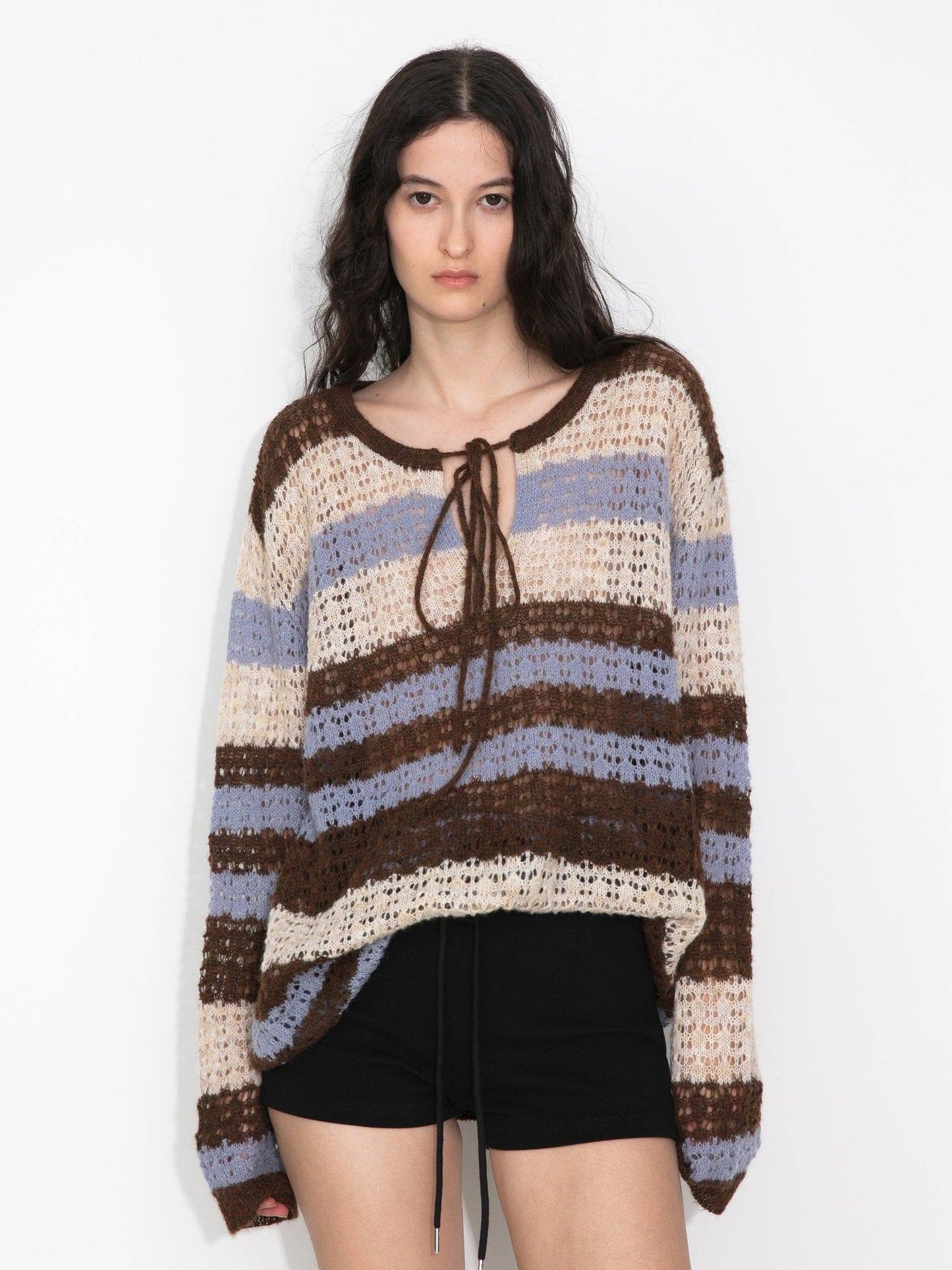 Striped Colour-Block Open-Knit Sweater