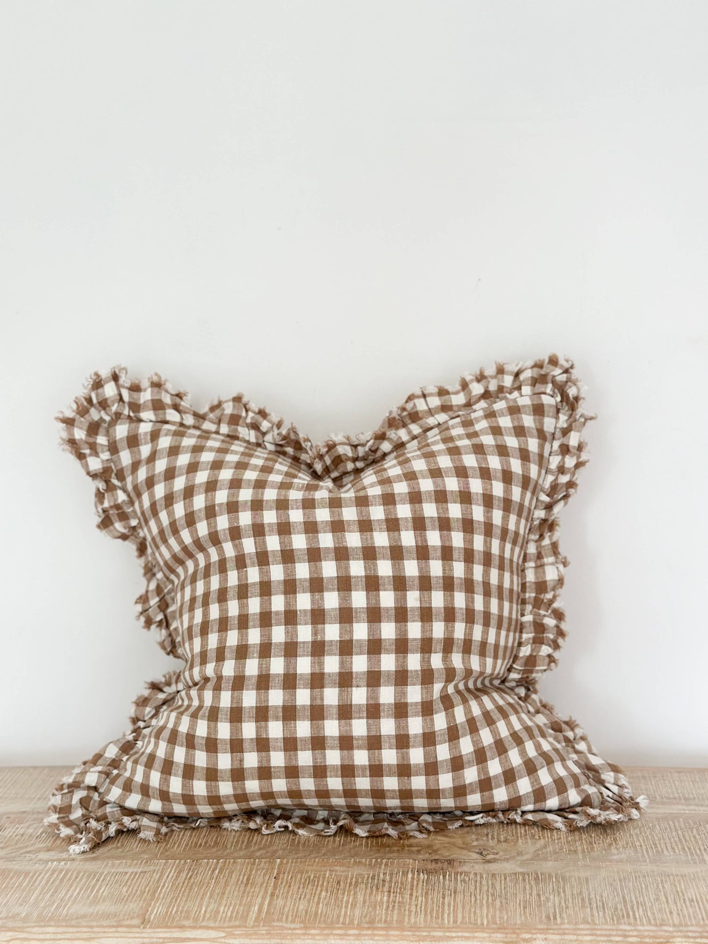 Ruffled Linen Cushion Brown Gingham