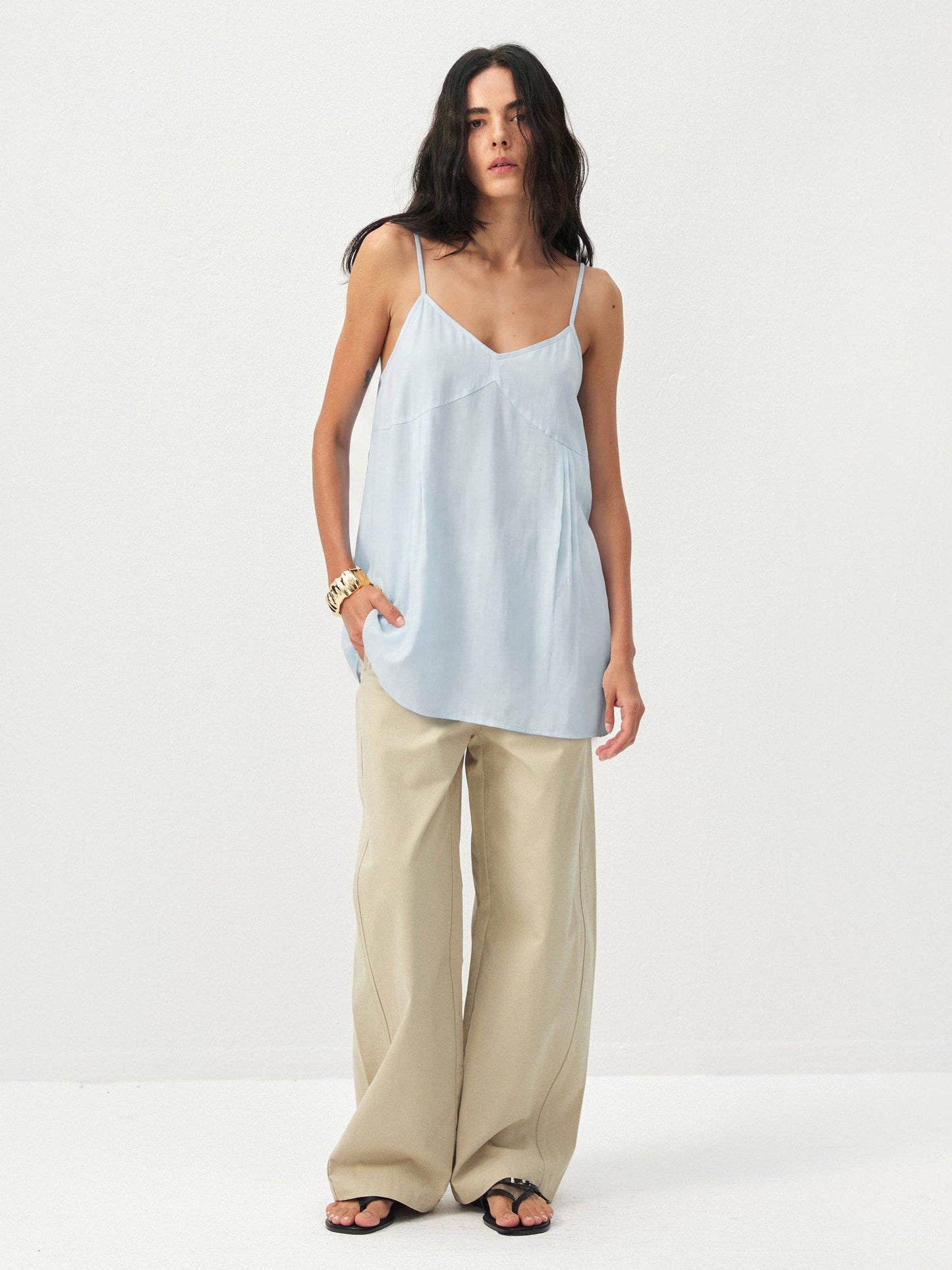 Lyocell-Blend V-Neck Pleated Camisole