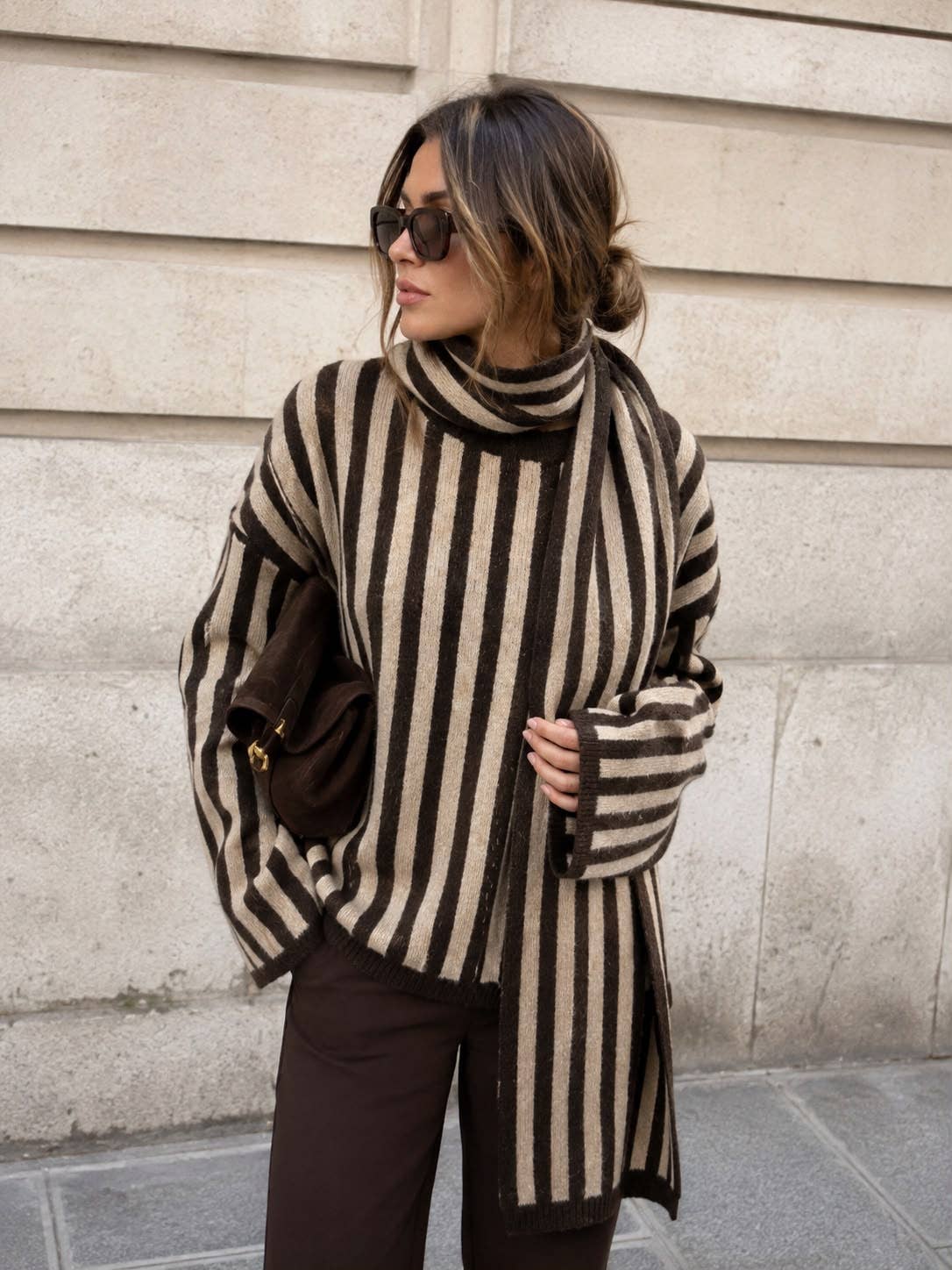 Two-tone striped knit sweater with scarf