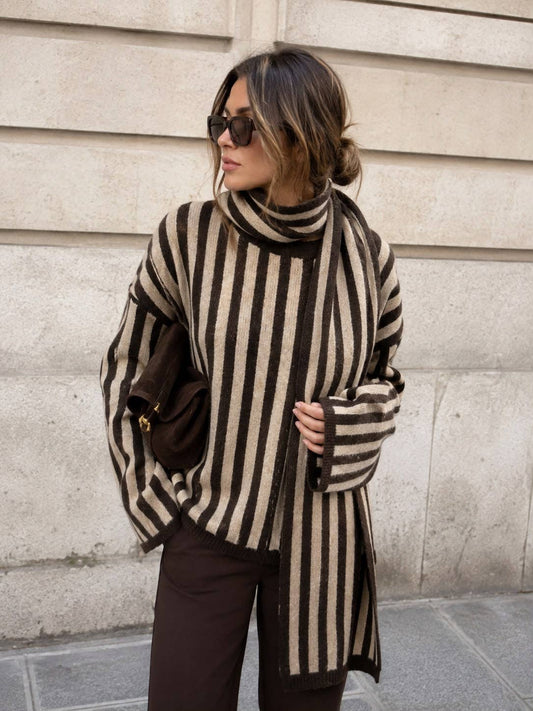 Two-tone striped knit sweater with scarf