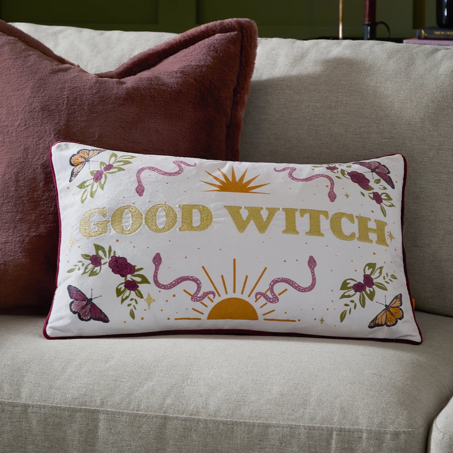 Good Witch Embroidered Velvet Cushion Angel White