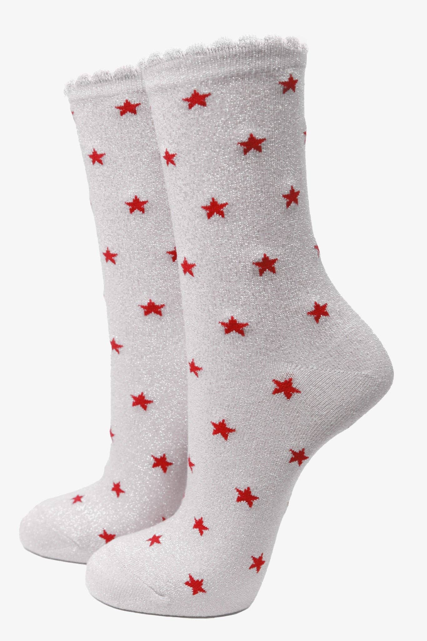Red White Star Print Glitter Socks with Scalloped Cuff