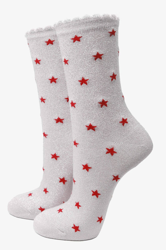 Red White Star Print Glitter Socks with Scalloped Cuff
