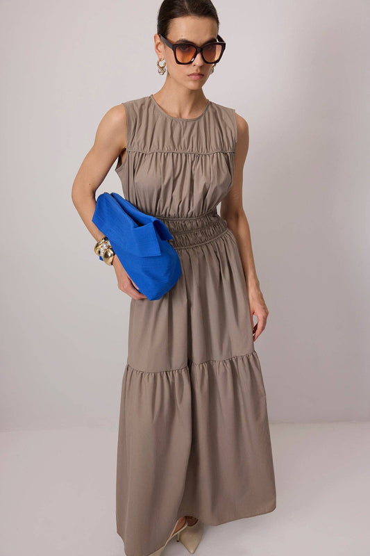 Sleeveless Smocked Tiered Maxi Poplin Dress