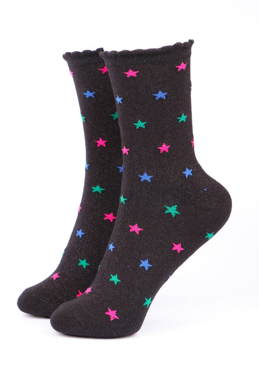 Black Multi Star Print Glitter Socks with Scalloped Cuffs