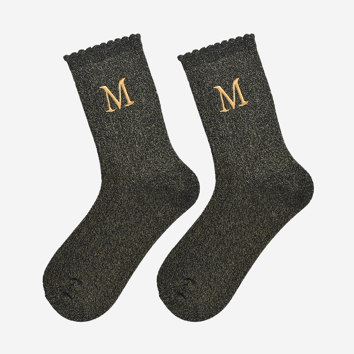Women's Glitter Socks - Black/Gold, Initial "M"