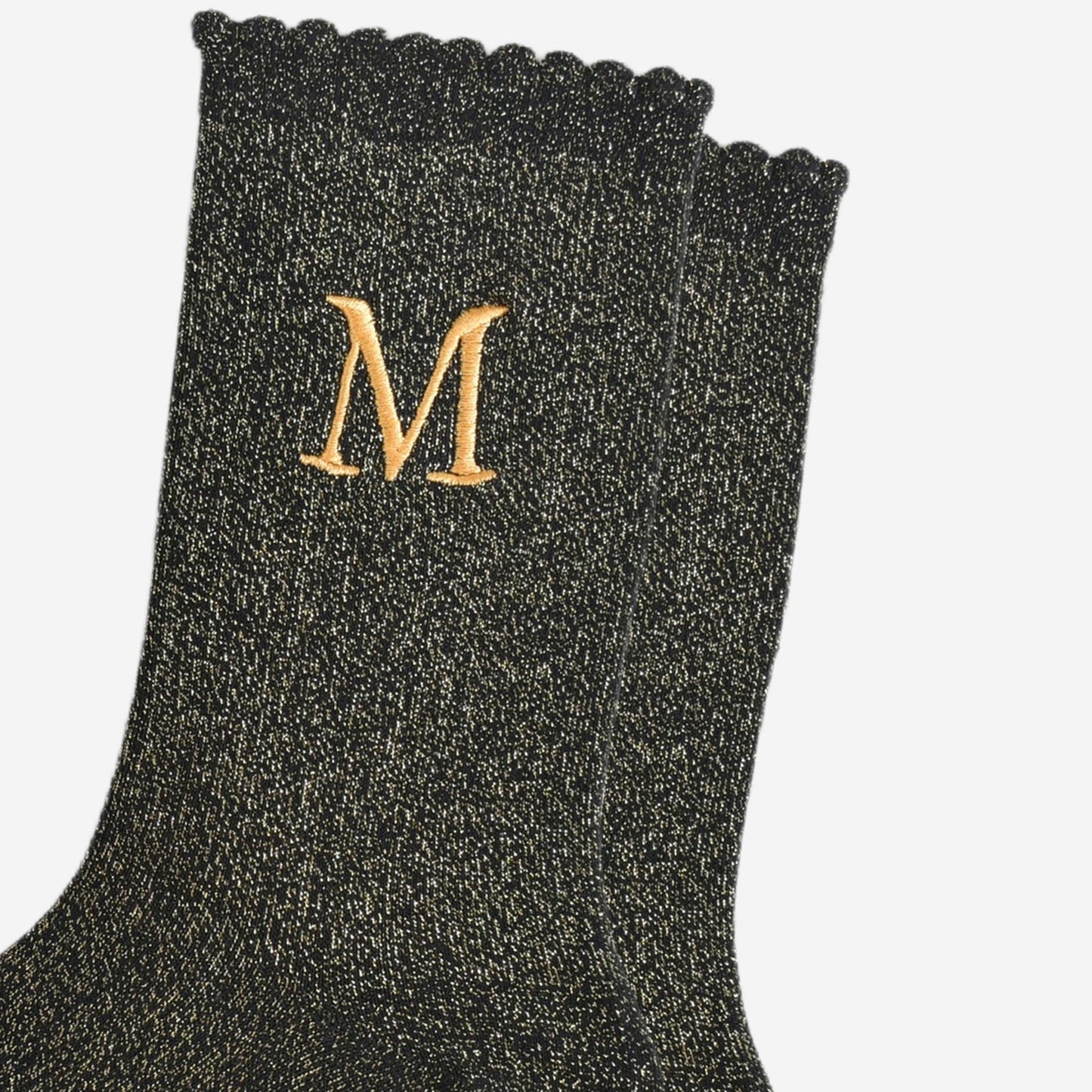 Women's Glitter Socks - Black/Gold, Initial "M"