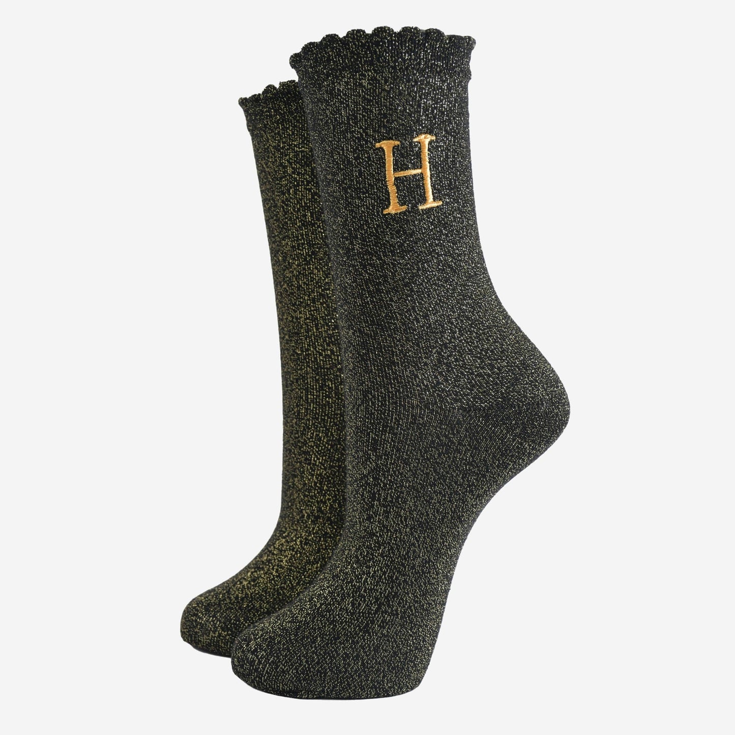 Women's Glitter Socks - Black/Gold, Initial "H"