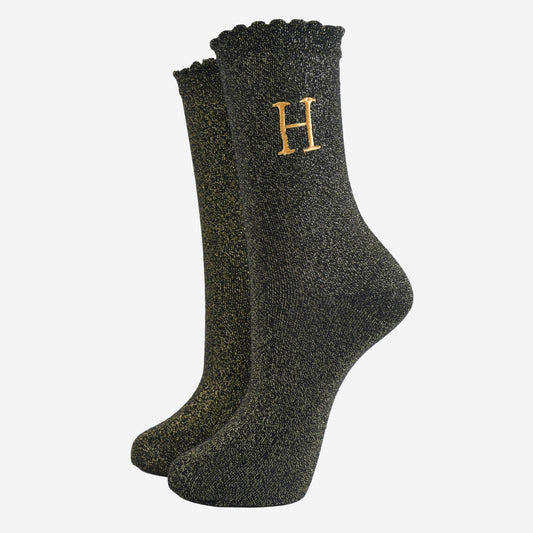 Women's Glitter Socks - Black/Gold, Initial "H"
