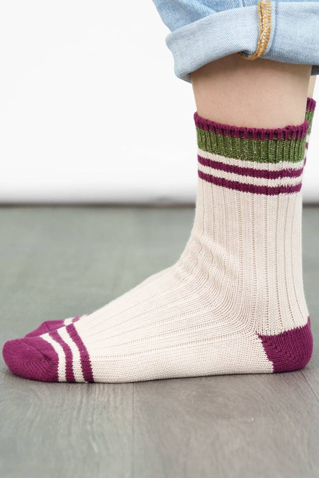 Women's Mid-Calf Socks- Cream/Khaki, Striped Cuff
