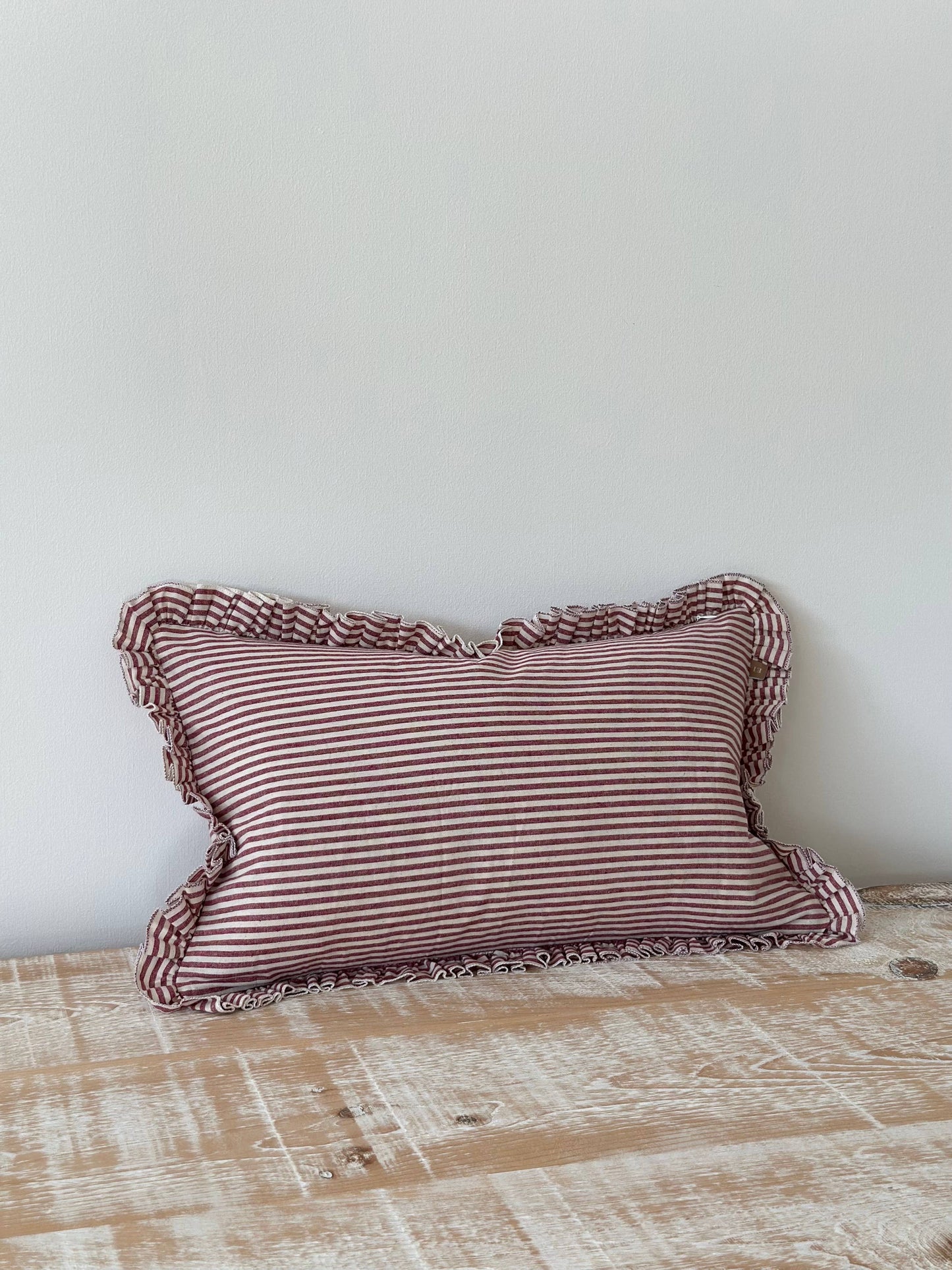 Darcy Ruffle Cotton Cushion Cover 50x30 – Burgundy Stripe