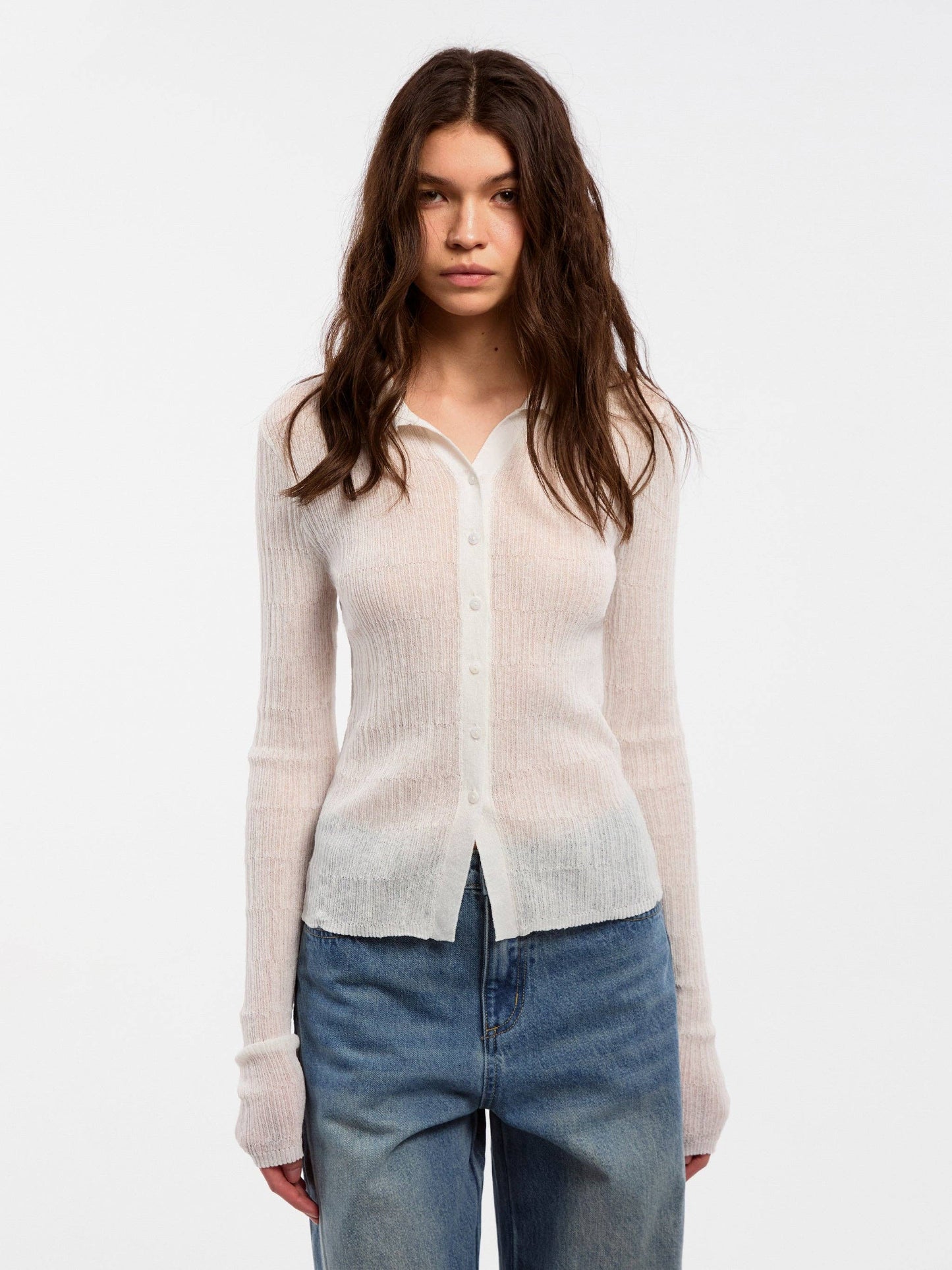 Linen Collared Long-Sleeved Knit Sweater