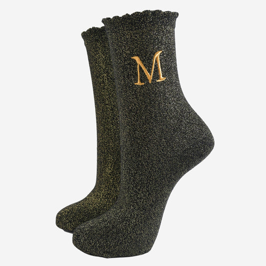 Women's Glitter Socks - Black/Gold, Initial "M"