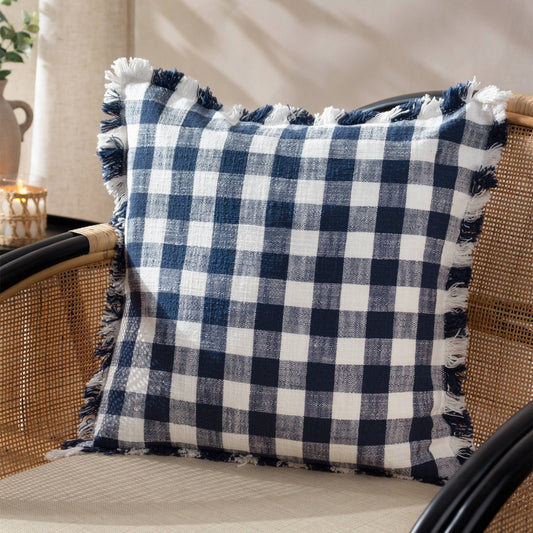 Barton Check Fringed Cushion Navy - MarramTrading.com