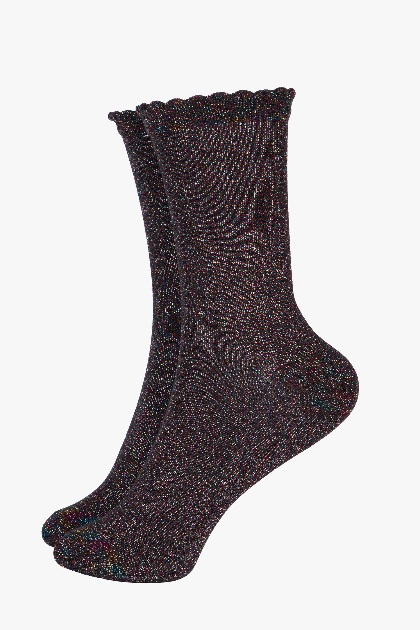 Black Glitter Socks Rainbow Ankle Socks with Scalloped Cuff
