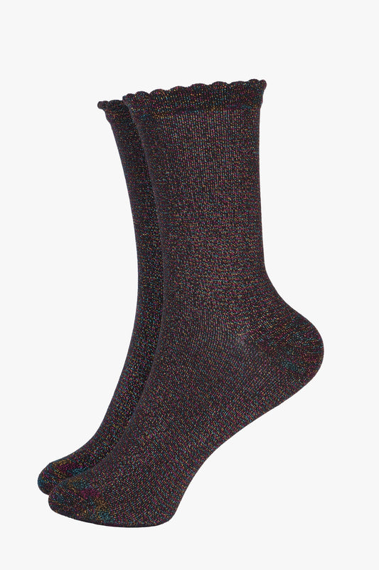 Black Glitter Socks Rainbow Ankle Socks with Scalloped Cuff