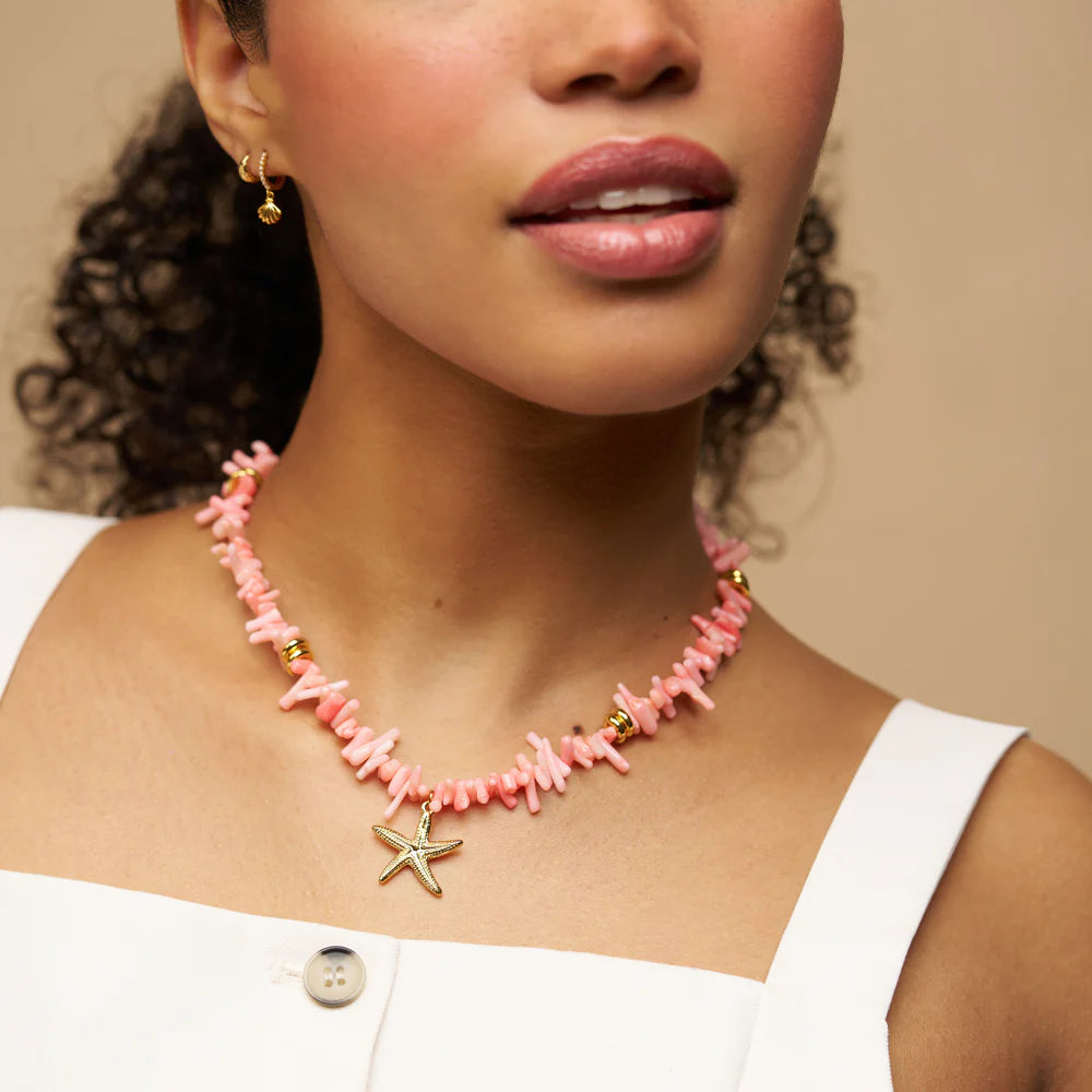 Pink Coral Chip & Starfish Necklace