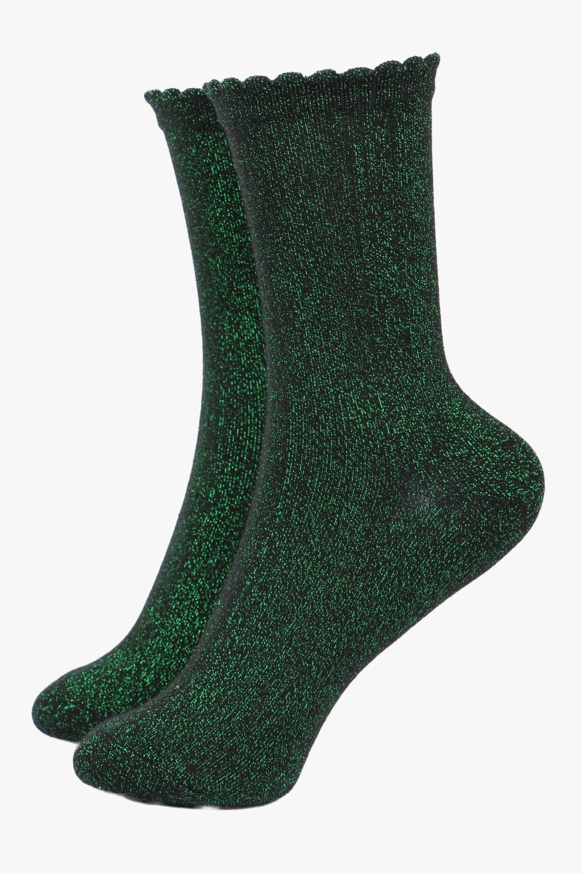 Black Bright Green Glitter Socks with Scalloped Cuff - MarramTrading.com