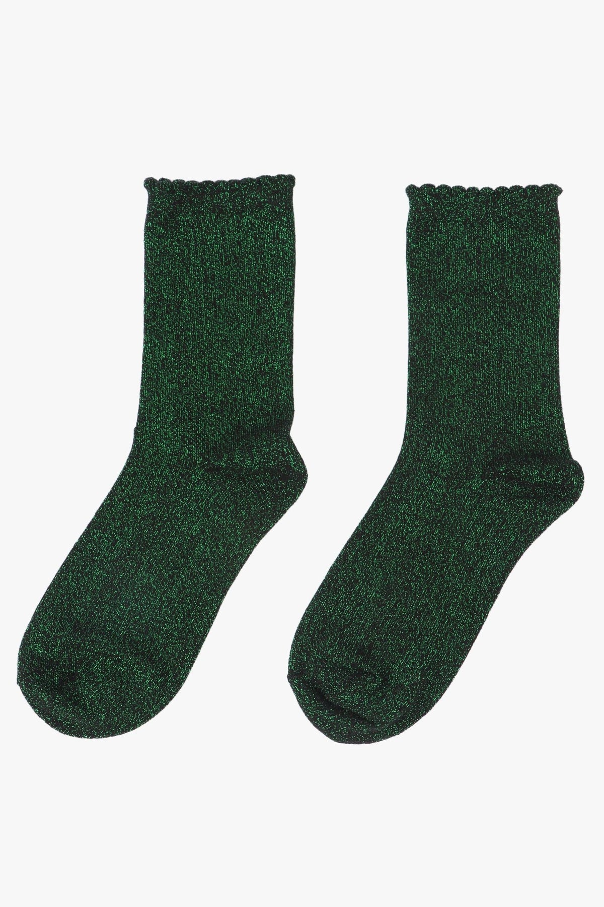 Black Bright Green Glitter Socks with Scalloped Cuff - MarramTrading.com