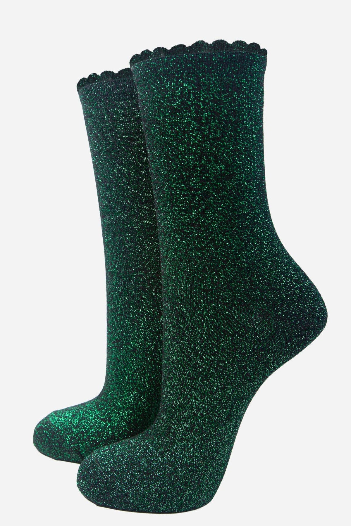Black Bright Green Glitter Socks with Scalloped Cuff - MarramTrading.com