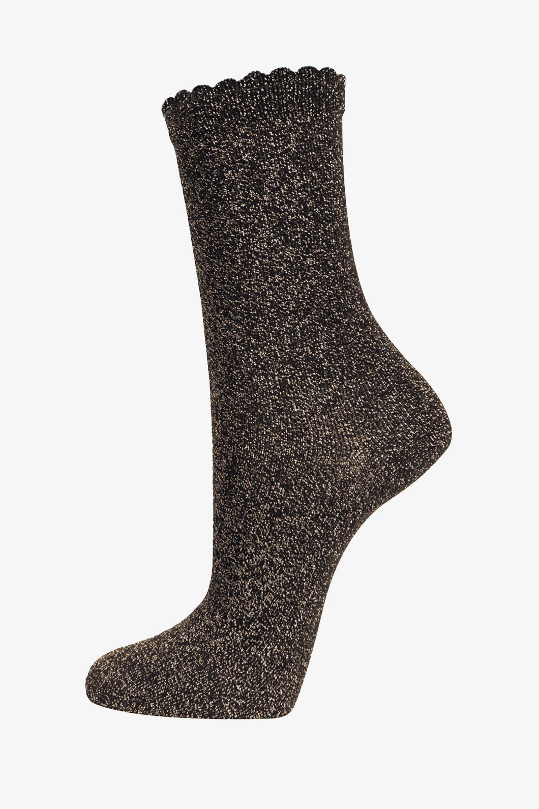 Black Copper All Over Glitter Socks with Scalloped Cuff - MarramTrading.com