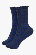 Load image into Gallery viewer, Black Glitter Socks Ankle Socks Blue with Scalloped Cuff - MarramTrading.com
