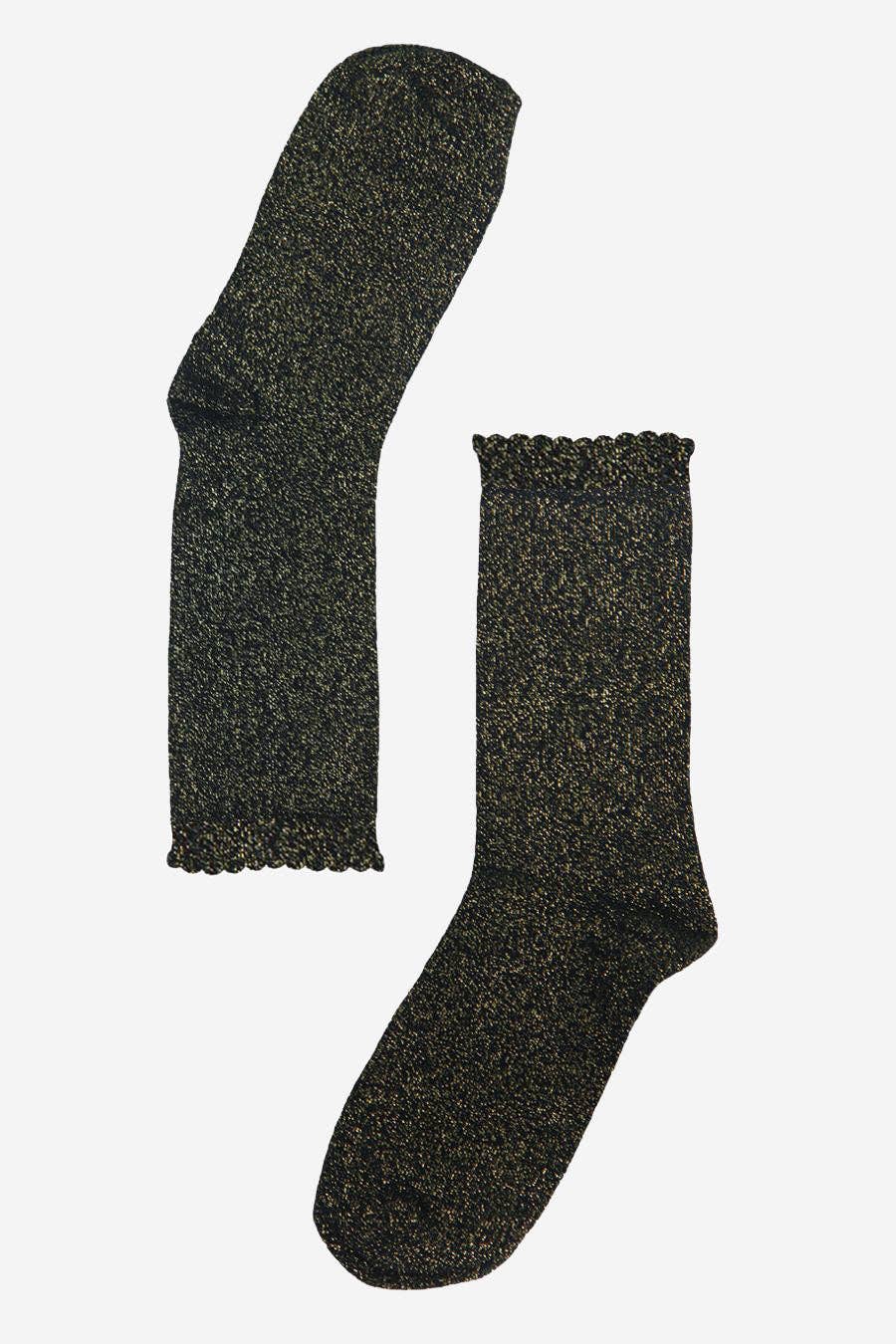 Black Glitter Socks Gold Ankle Socks with Scalloped Cuff - MarramTrading.com