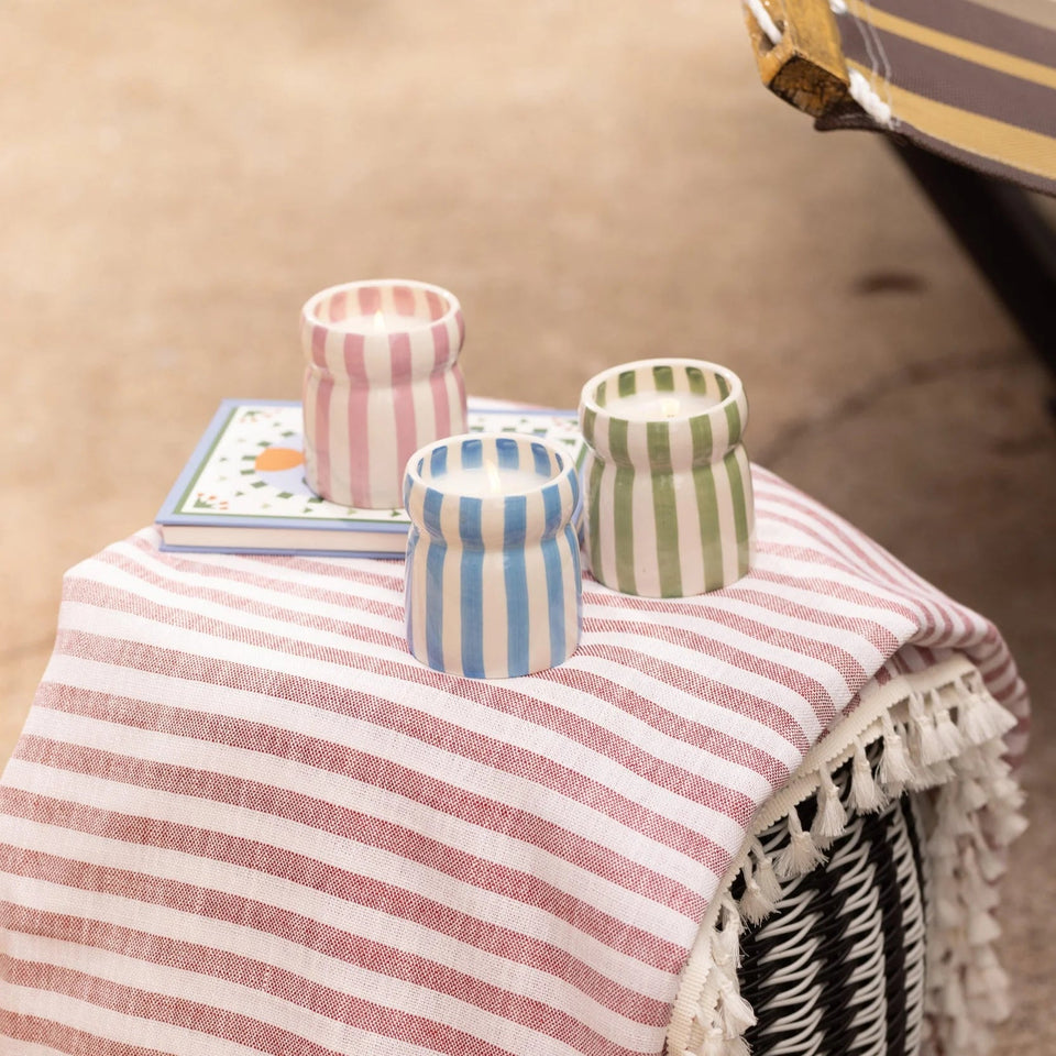 Blue Stripped Ceramic Candle - Lost at Sea - MarramTrading.com