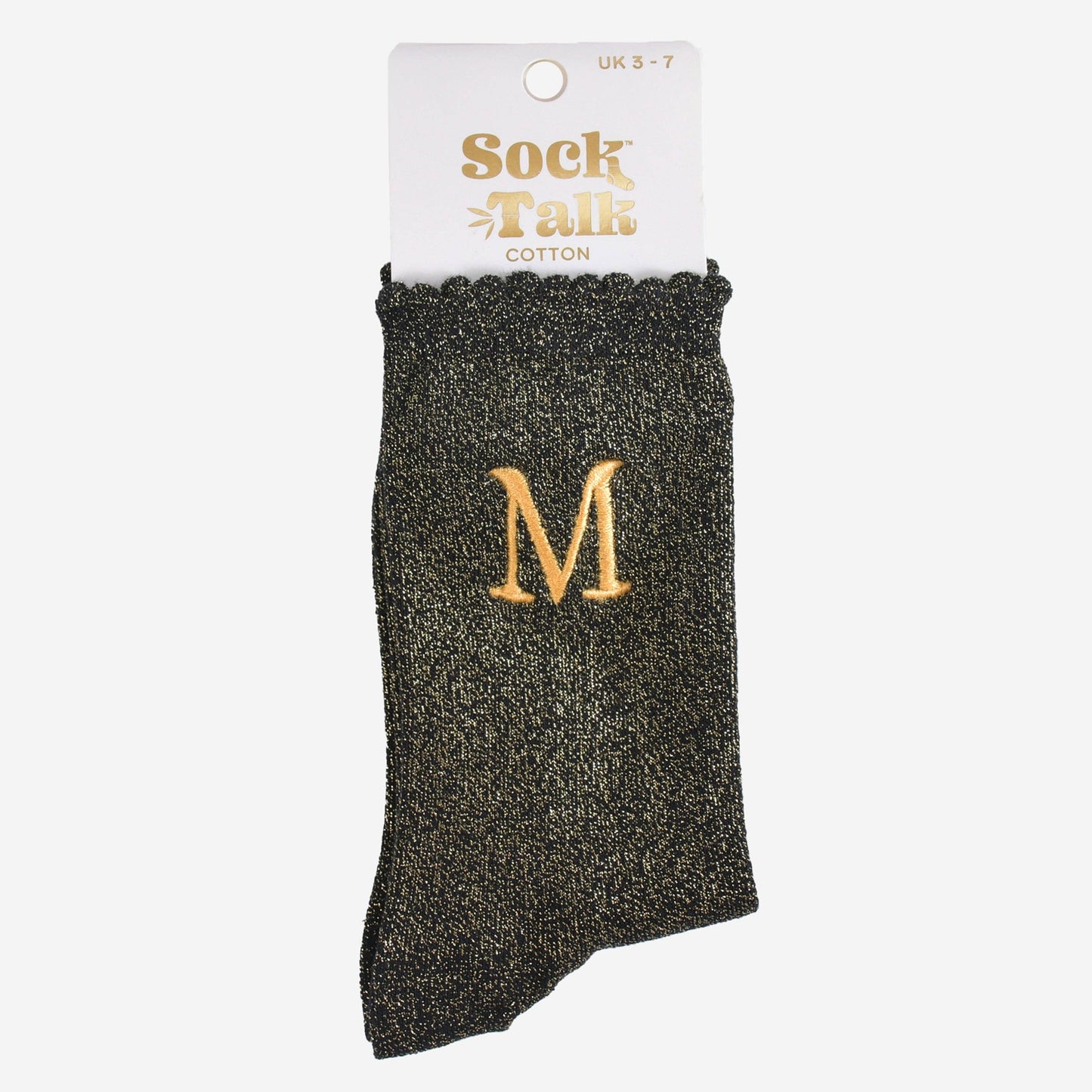 Women's Glitter Socks - Black/Gold, Initial "M"