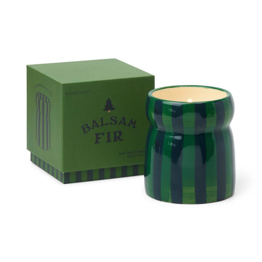 CABANA RED/PINK STRIPED CERAMIC CANDLE - BALSAM FIR - MarramTrading.com