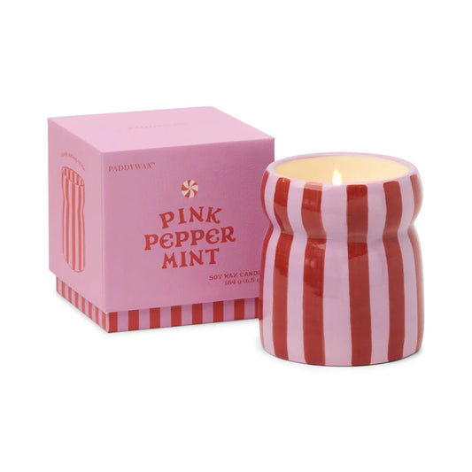 CABANA RED/PINK STRIPED CERAMIC CANDLE - PINK PEPPERMINT - MarramTrading.com