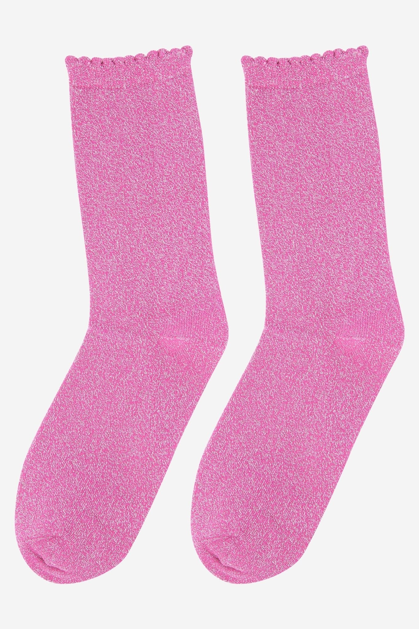Cotton Glitter Ankle Socks in Pink with Scalloped Top - MarramTrading.com