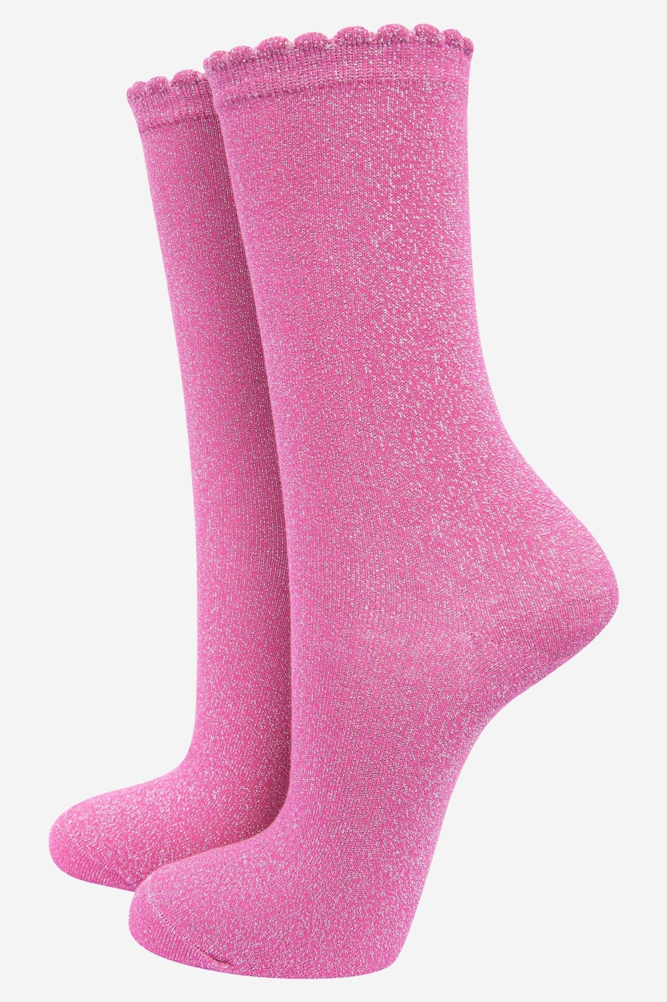 Cotton Glitter Ankle Socks in Pink with Scalloped Top - MarramTrading.com