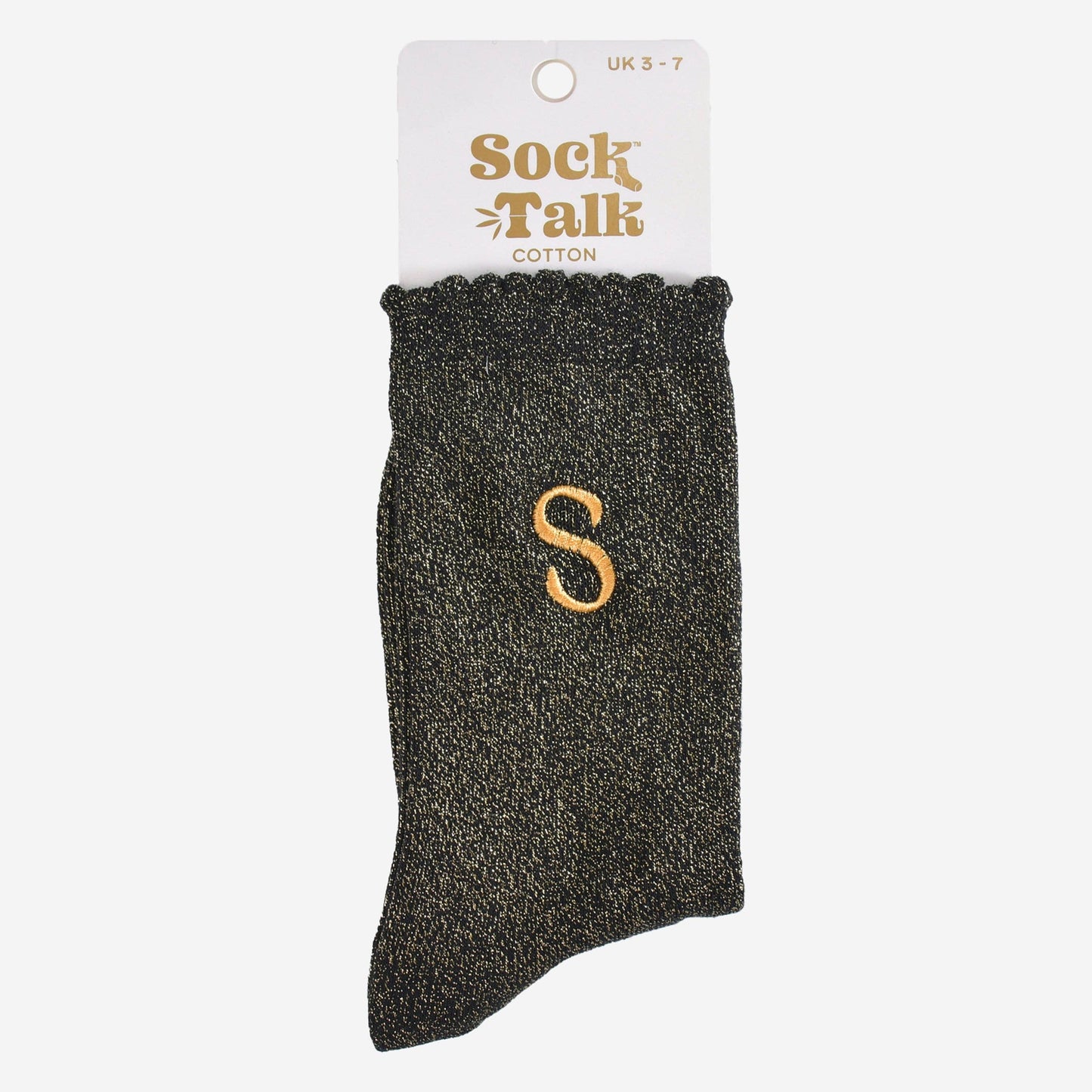 Women's Glitter Socks - Black/Gold, Initial "S"