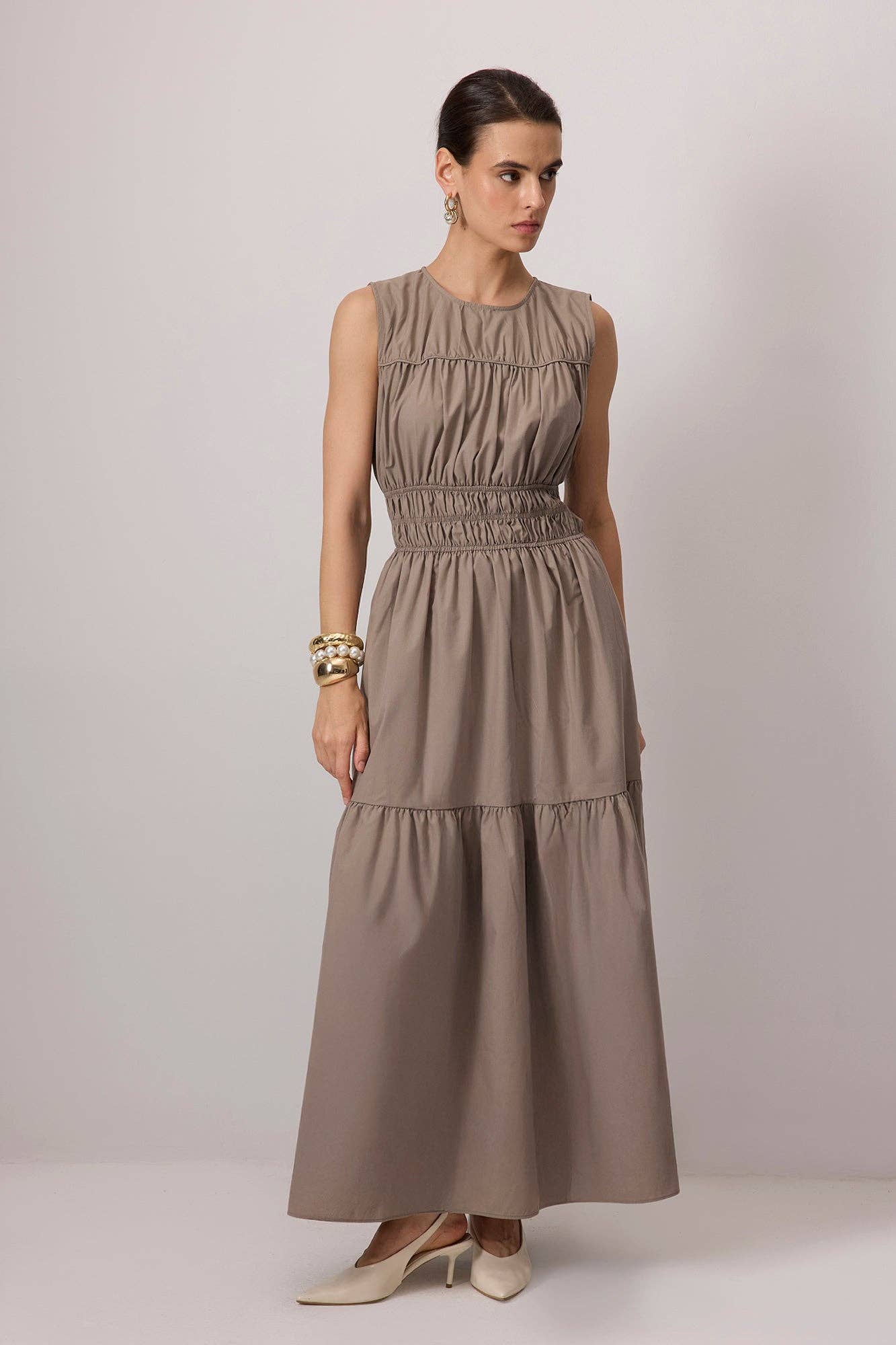 Sleeveless Smocked Tiered Maxi Poplin Dress