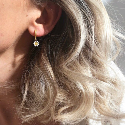 Daisy Charm Huggie Hoop Earrings in Gold - MarramTrading.com