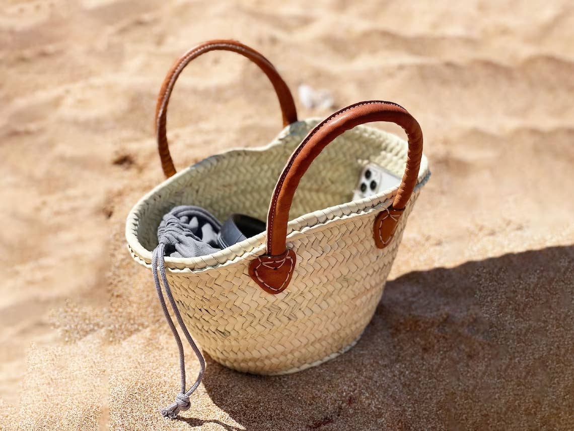 Mini Straw Bags Leather | Beach bag | small straw tote bag