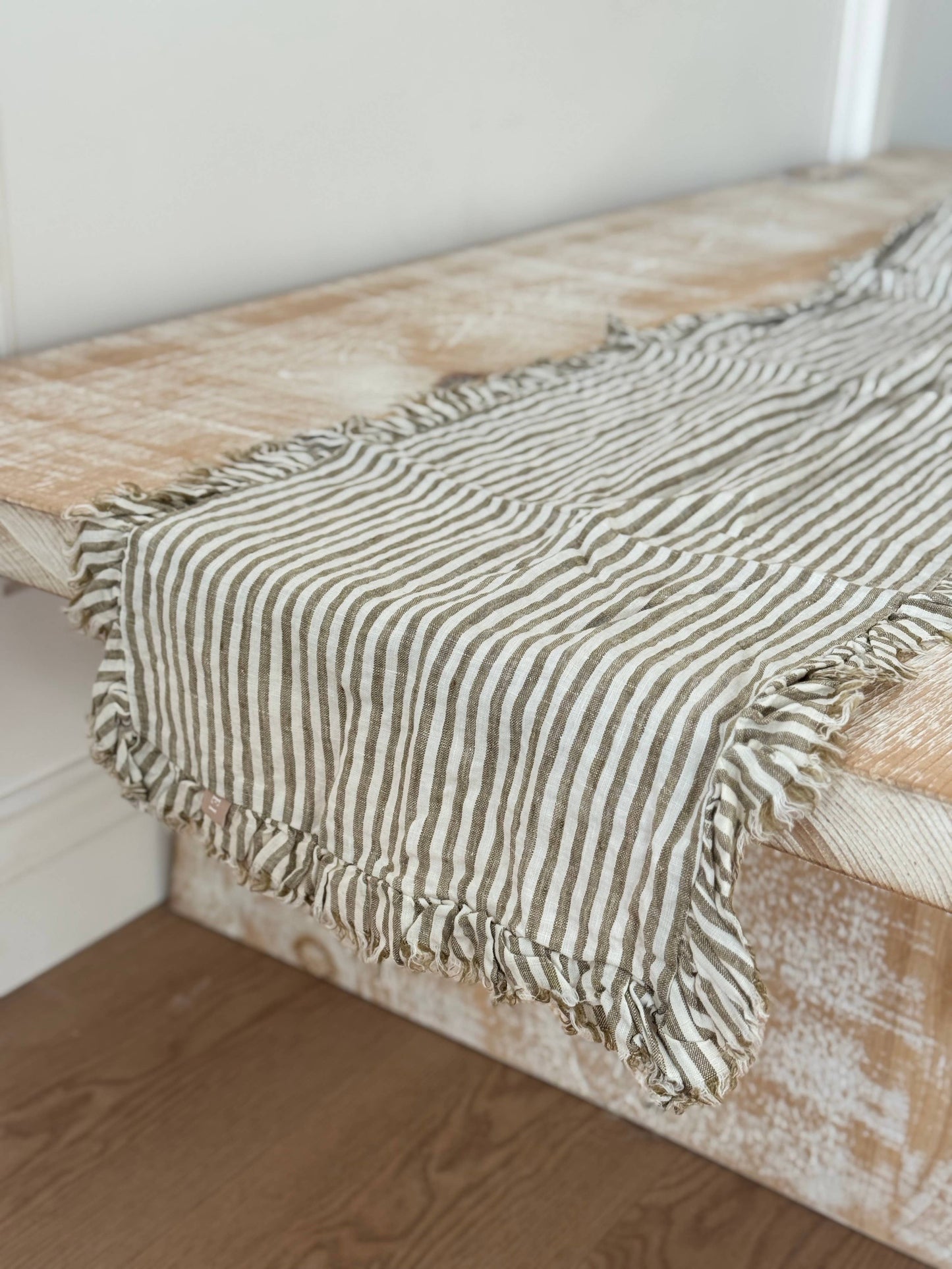 Olive Stripe Ruffle Table Runner