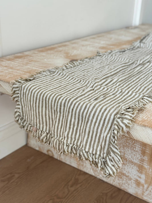 Olive Stripe Ruffle Table Runner