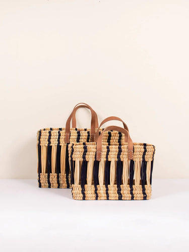 Decorative Reed Basket, Indigo Stripe - Small - MarramTrading.com