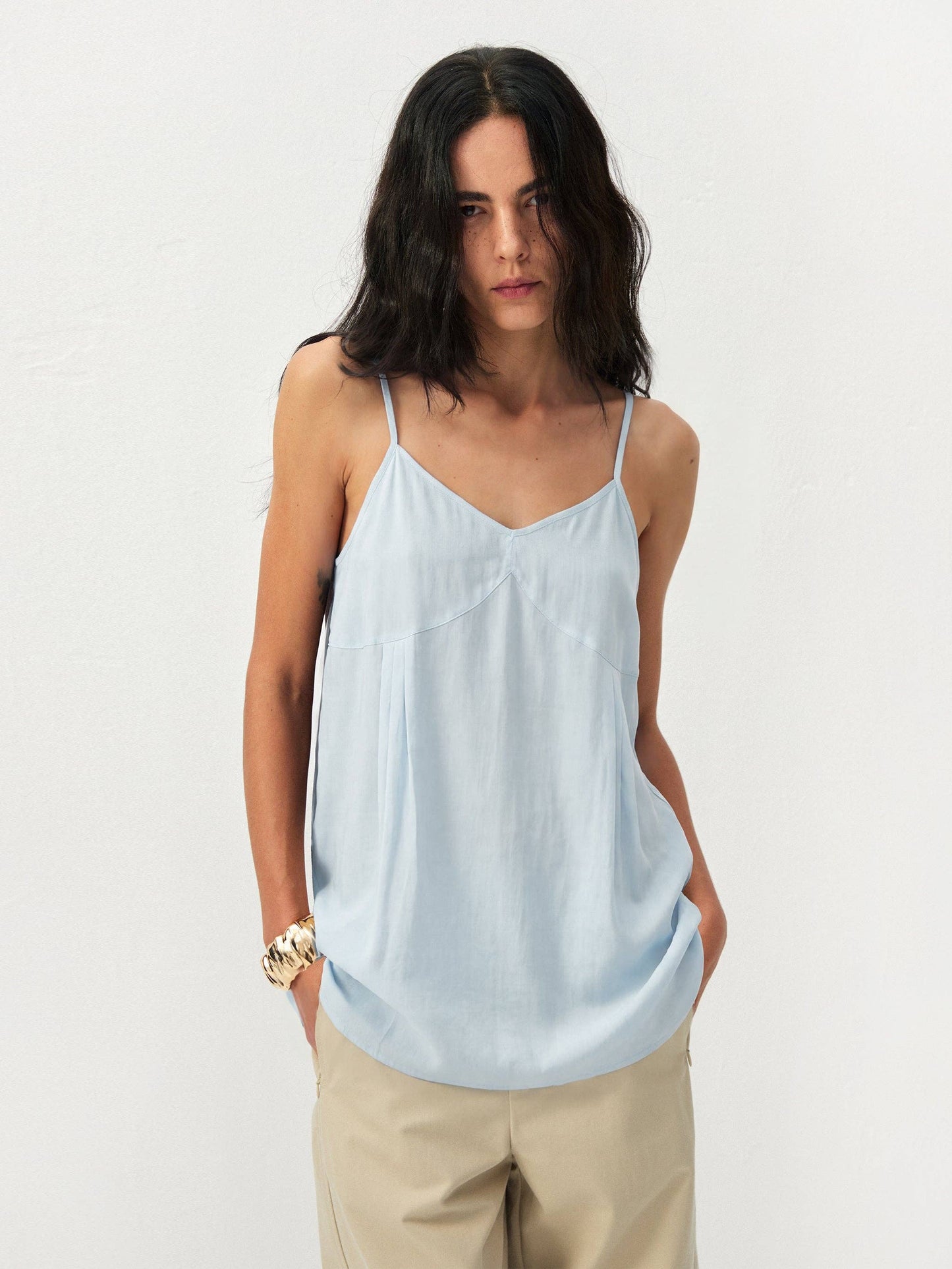 Lyocell-Blend V-Neck Pleated Camisole
