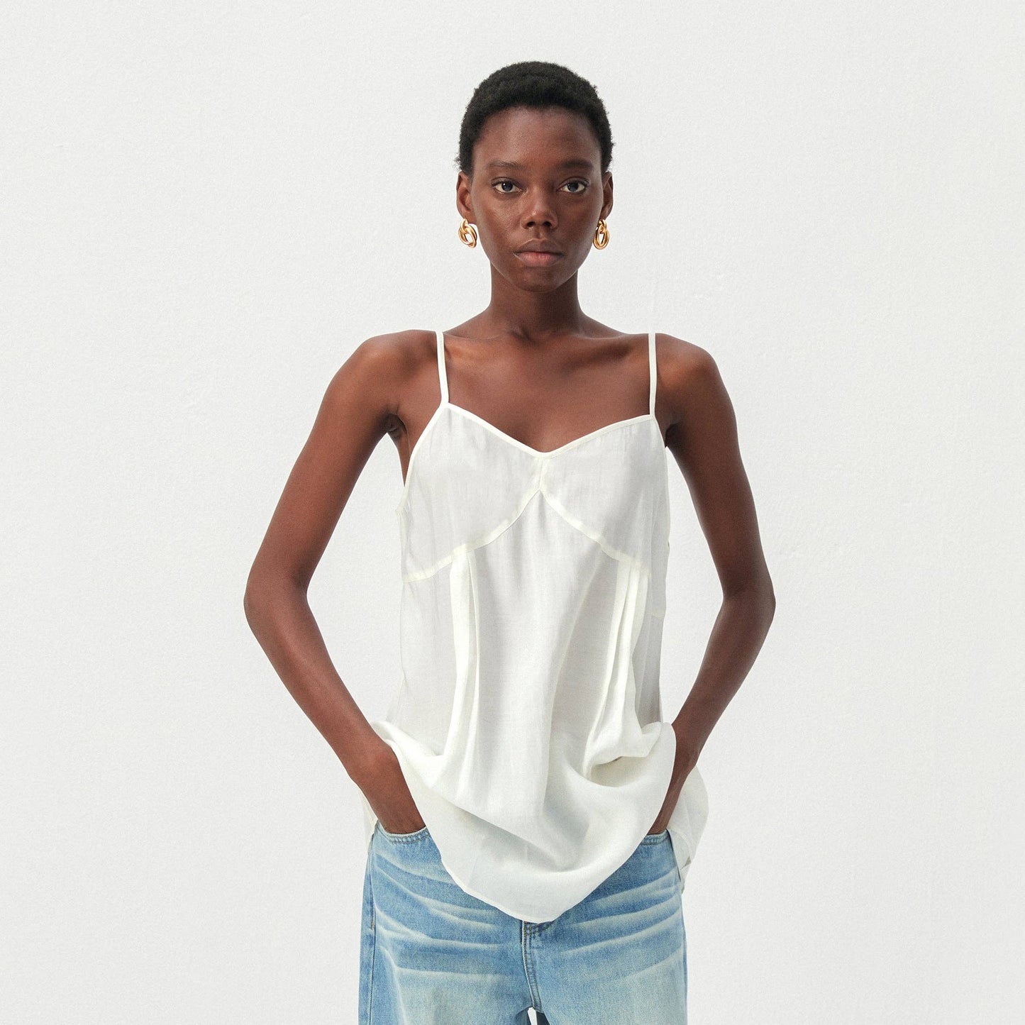 Lyocell-Blend V-Neck Pleated Camisole