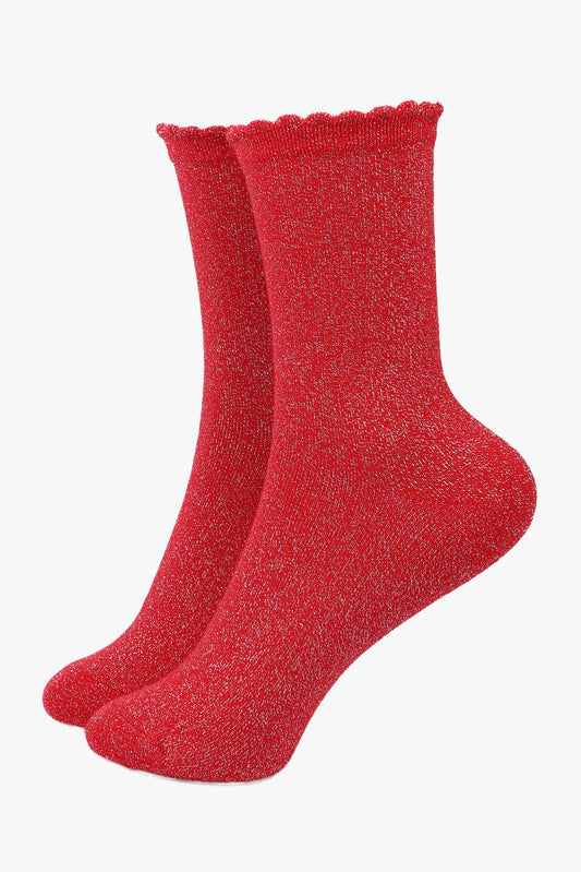 Bright Red All Over Glitter Socks with Scalloped Cuff